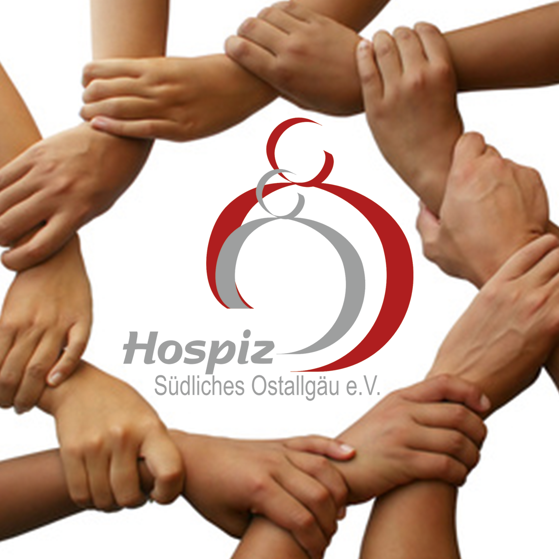 Hände umfassen sich im Kreis, in ihrer Mitte das Logo des Hospizvereins